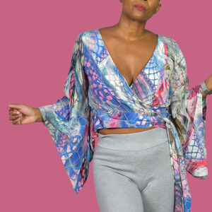 Leifsdottir Silk Blouse Top Blue Wrap Watercolor Kimono Sleeve Anthropologie 6